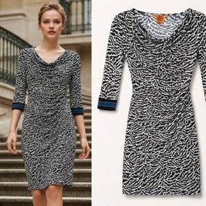 TORY BURCH Black/White Spotted Print SILK JERSEY Draped Neck Shift Dress XS 0 2